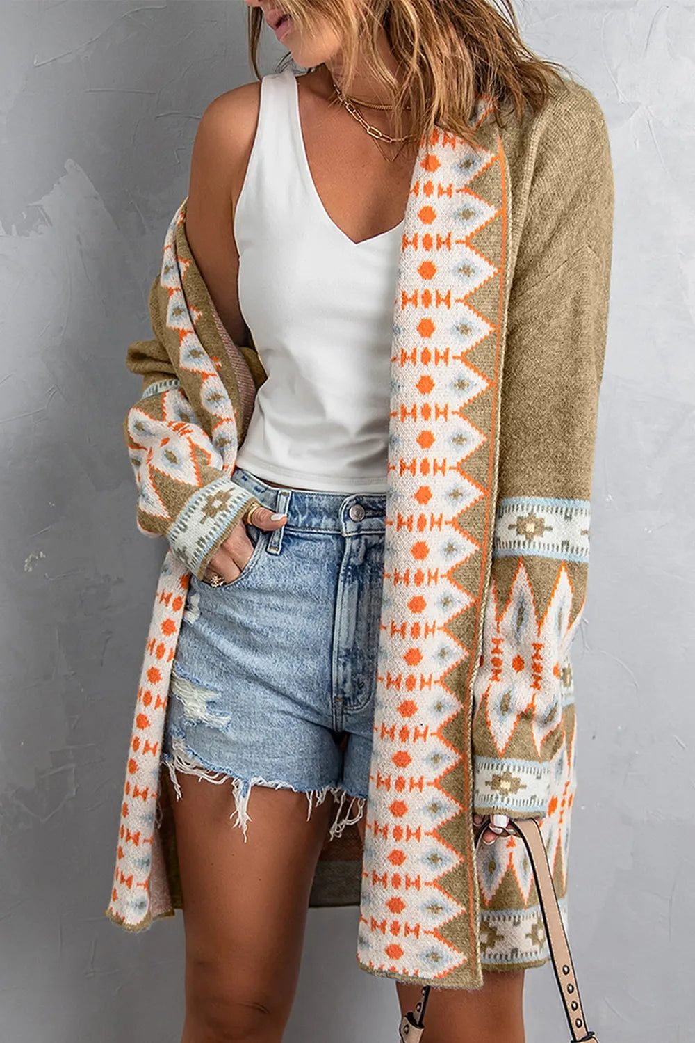 Geometric Open Front Long Sleeve Cardigan | Cardigans Daverri Fashions