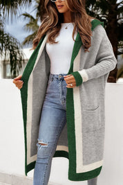 Gray One Size Pocketed Contrast Long Sleeve Hooded Cardigan | Cardigans Daverri Fashions