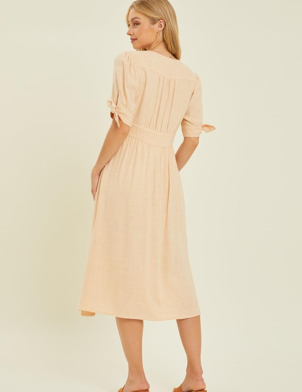 HEYSON Full Size Textured Linen V-Neck Button-Down Midi Dress Midi Dresses