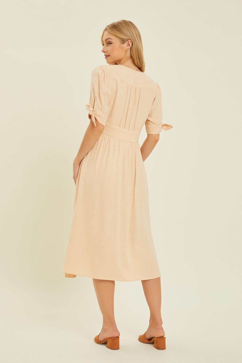 HEYSON Full Size Textured Linen V-Neck Button-Down Midi Dress Midi Dresses