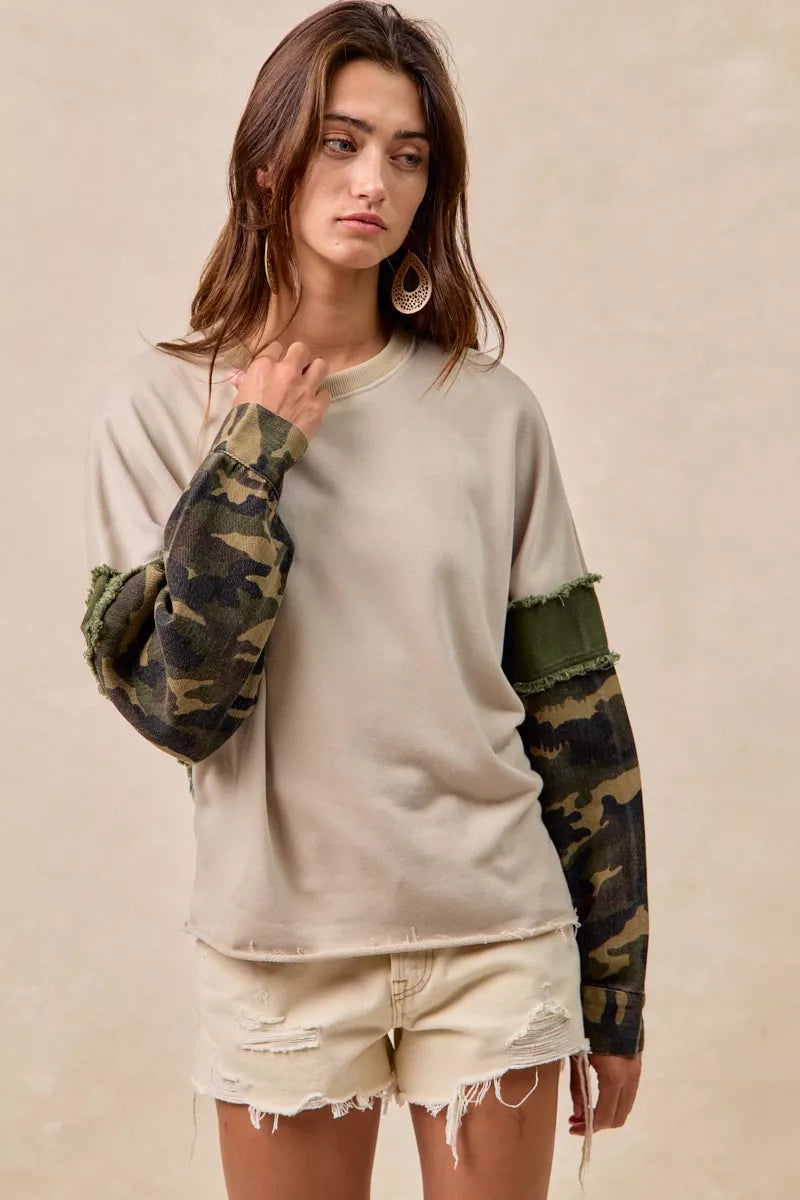 BiBi Camo Sleeve French Terry Top with Frayed Edge | Daverri Fashions