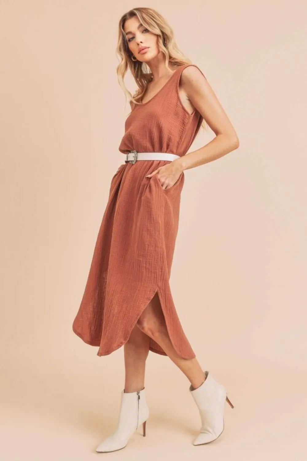 Aemi + Co Round Neck Midi Tank Dress with Pockets | Daverri Fashions