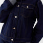 Daverri cropped oversized denim jacket in dark blue with gray cuffs, white buttons