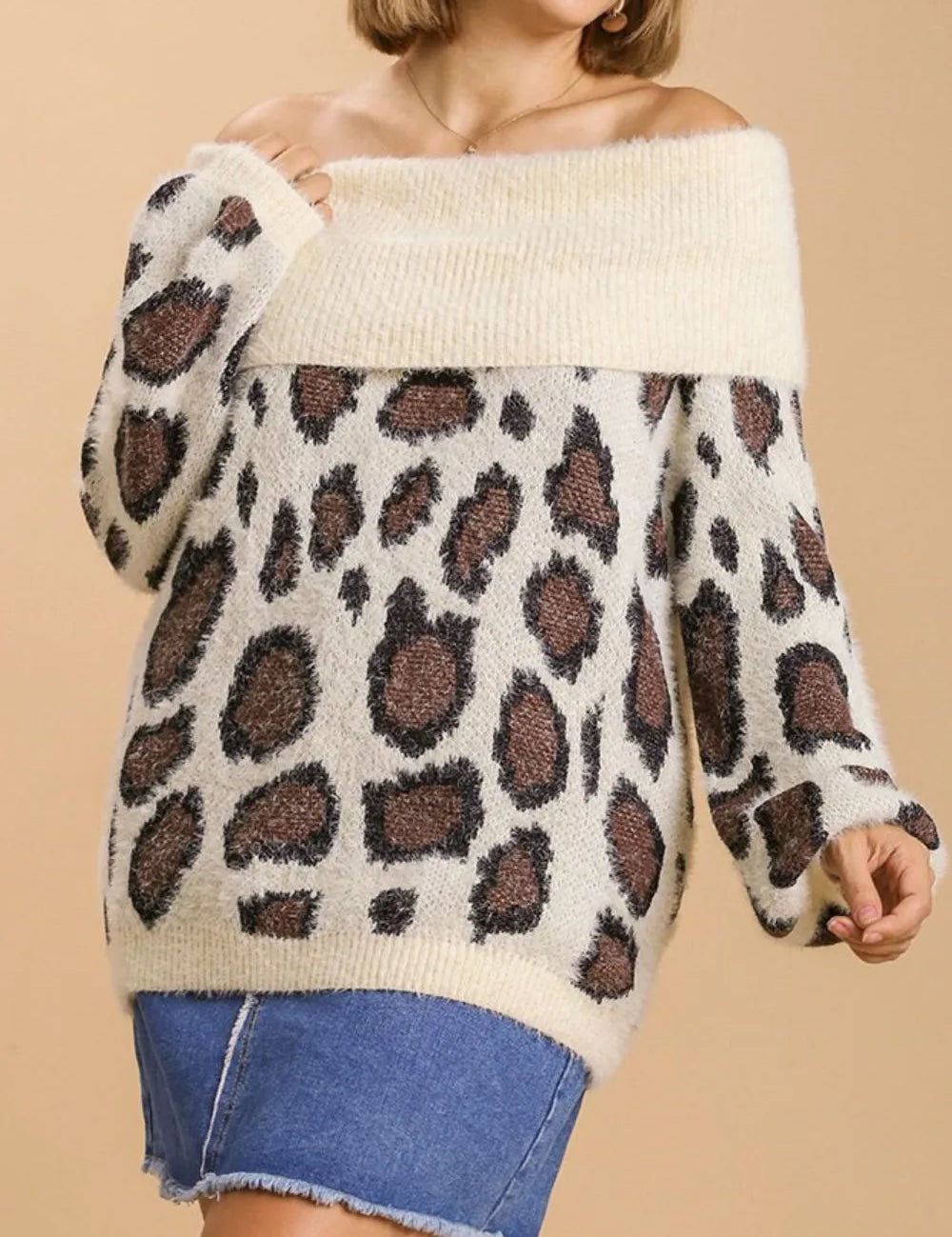 Umgee Plus Size Leopard Off-Shoulder Long Sleeve Sweater | Sweaters Daverri Fashions
