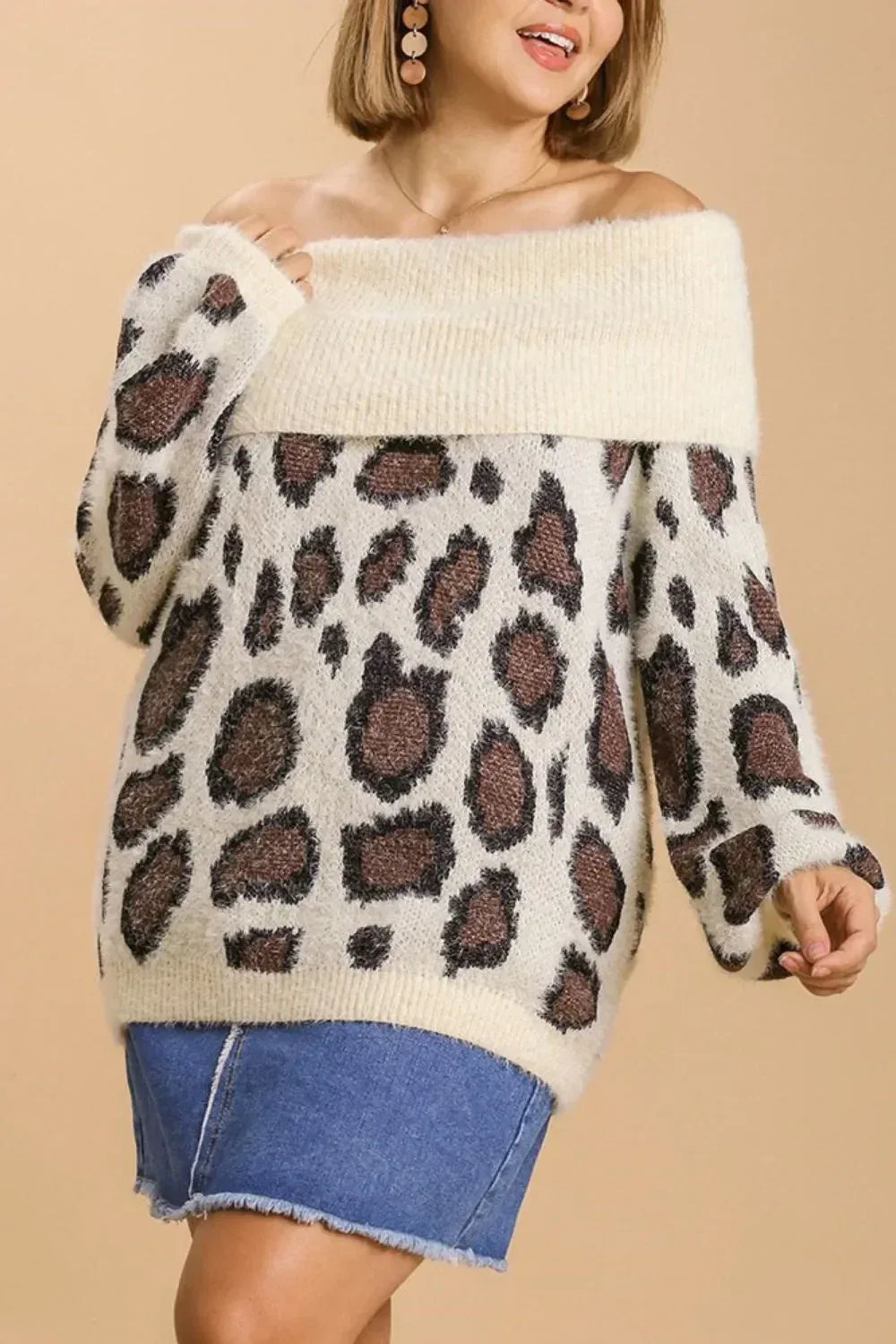 Umgee Plus Size Leopard Off-Shoulder Long Sleeve Sweater - DAVERRI FASHIONS