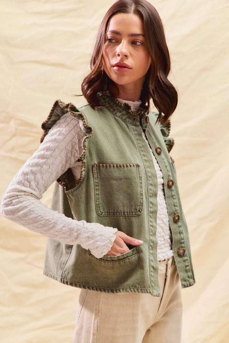 SO ME Washed Denim Stitch Ruffled Hidden Button Vest Top | Daverri Fashions