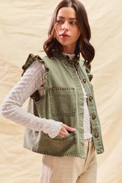 SO ME Washed Denim Stitch Ruffled Hidden Button Vest Top | Daverri Fashions