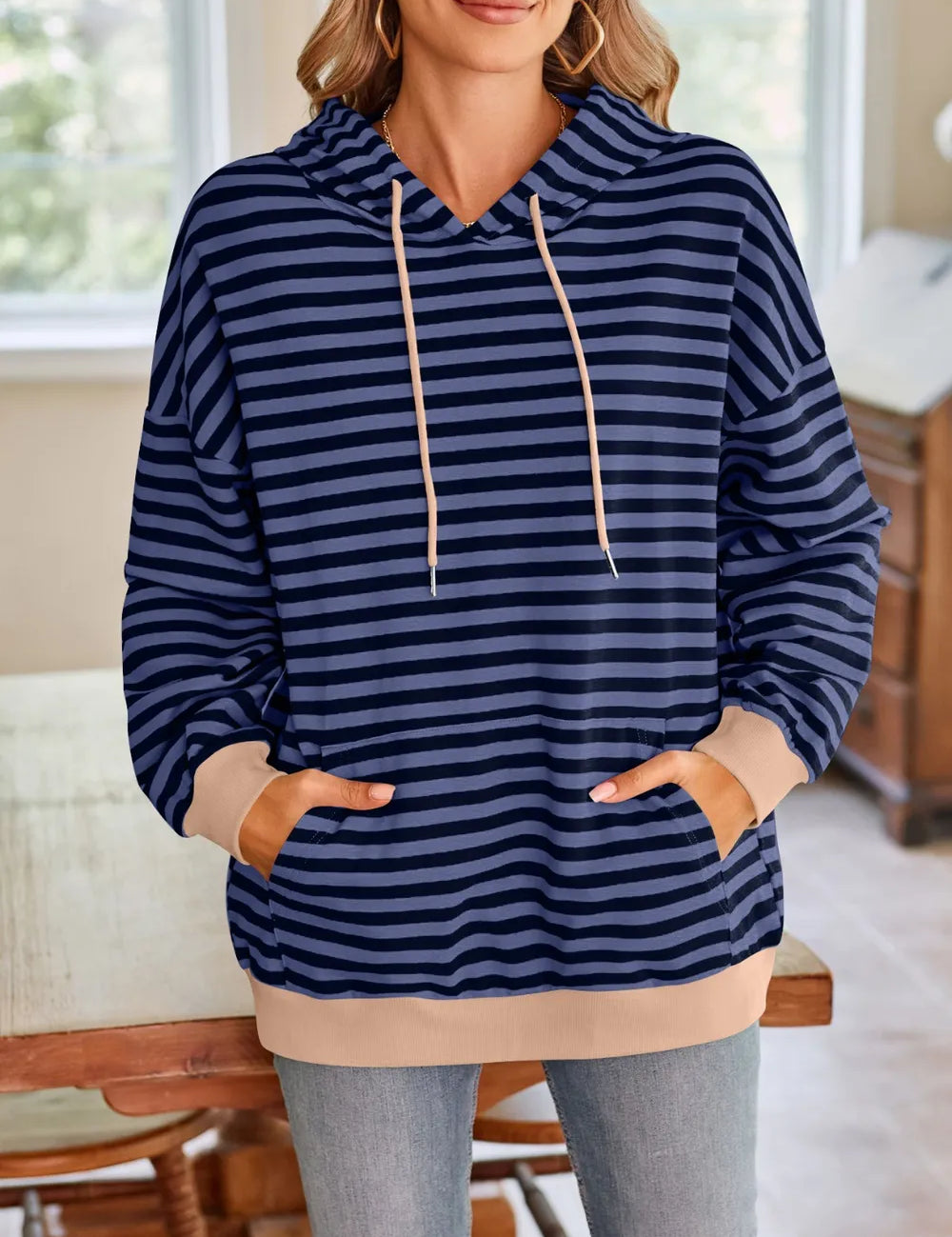 Indigo Lovelet Drawstring Striped Long Sleeve Hoodie | Hoodies Daverri Fashions