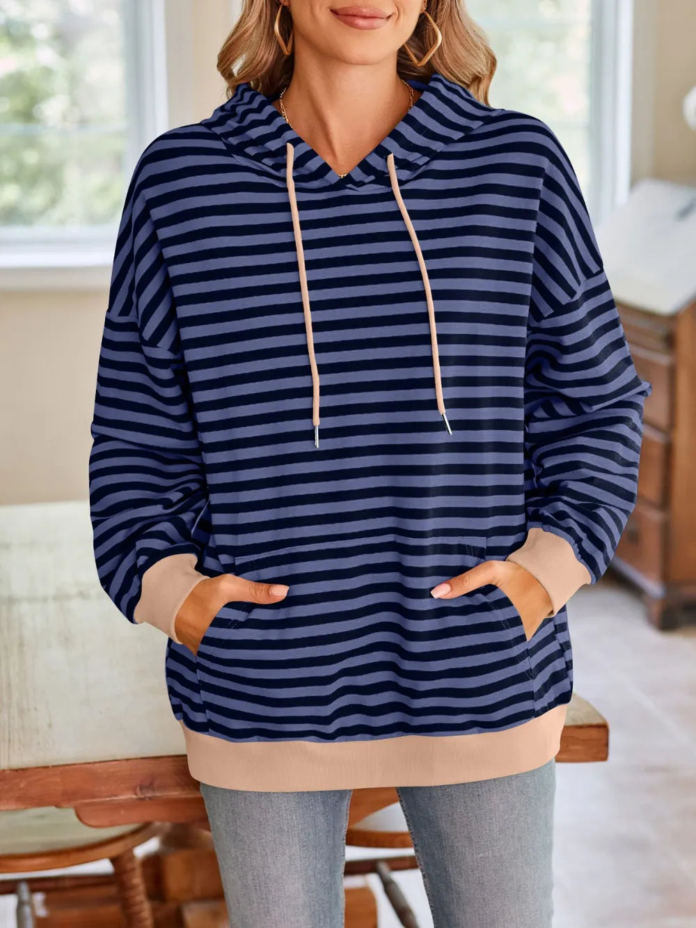 Indigo Lovelet Drawstring Striped Long Sleeve Hoodie | Hoodies Daverri Fashions