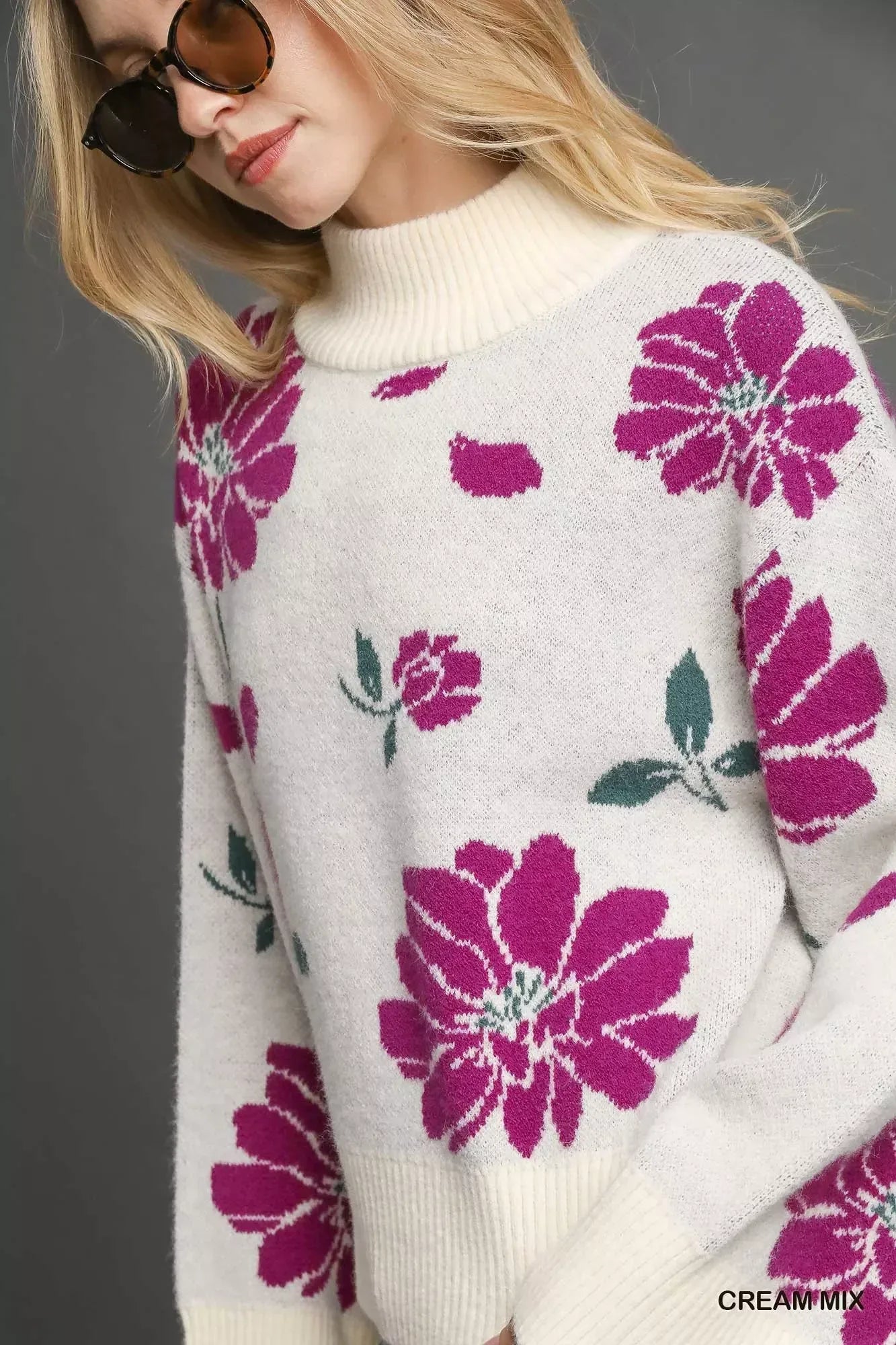 Umgee Floral Patterned Mock Neck Sweater - DAVERRI FASHIONS