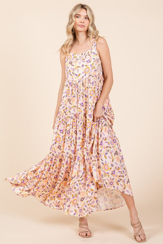 Mittoshop Flower Print Tiered Sleeveless Empire Maxi Dress