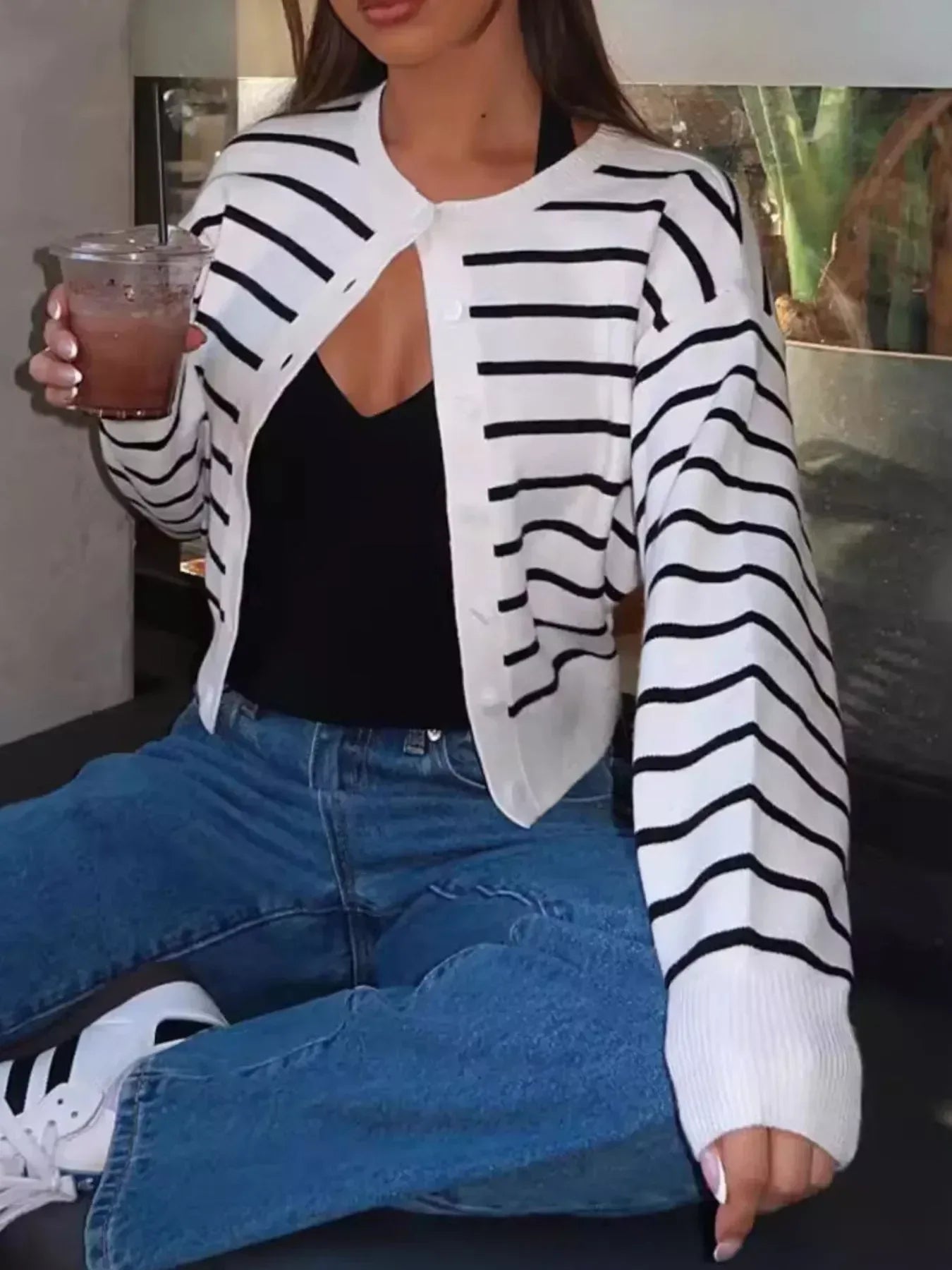 Striped Button Up Cardigan - DAVERRI FASHIONS