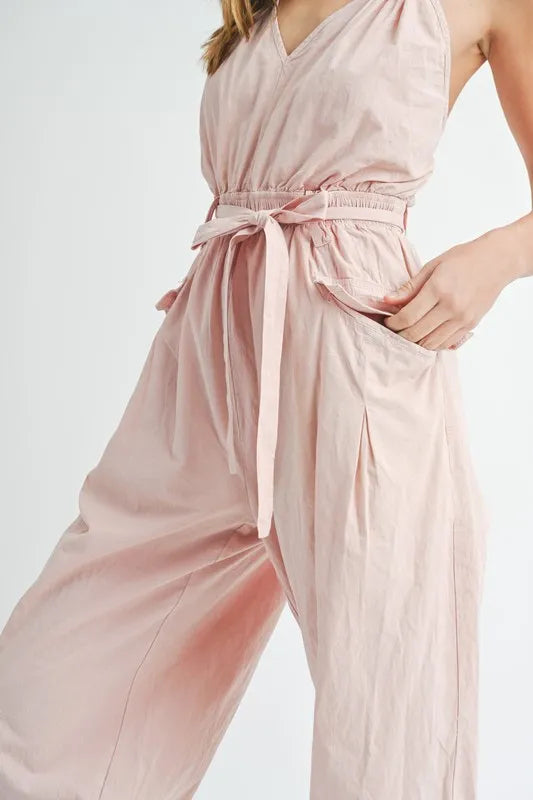 MABLE Washed Fabric Spaghetti Strap Waist Belted Jumpsuit Jumpsuits