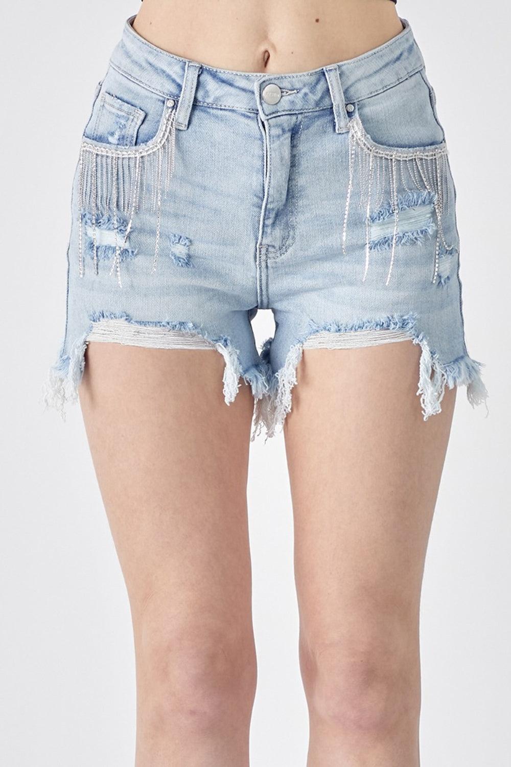 RISEN Frayed Hem Denim Shorts with Fringe Detail Pockets Denim Shorts