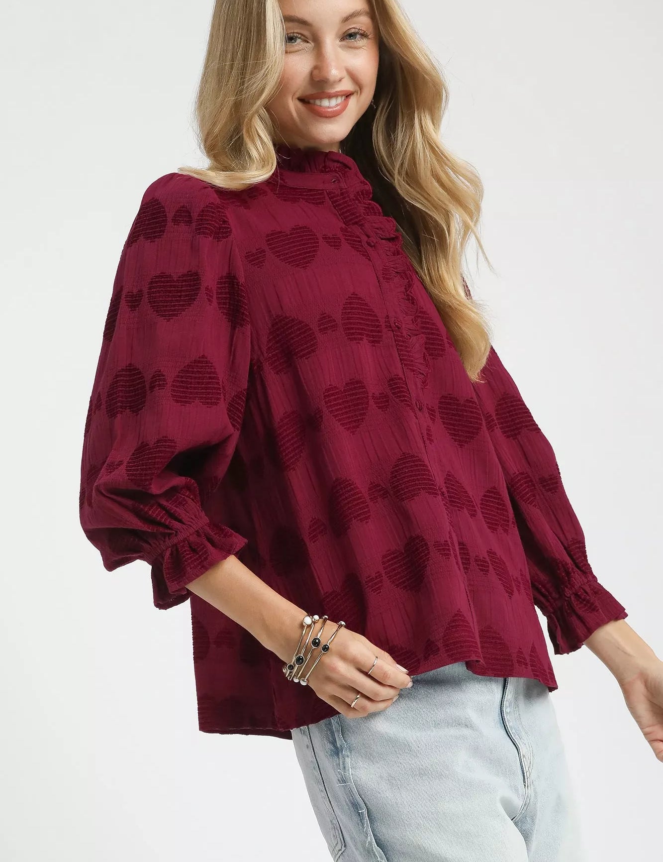 Umgee Heart Jacquard Ruffle Trim Shirt | Shirts Daverri Fashions