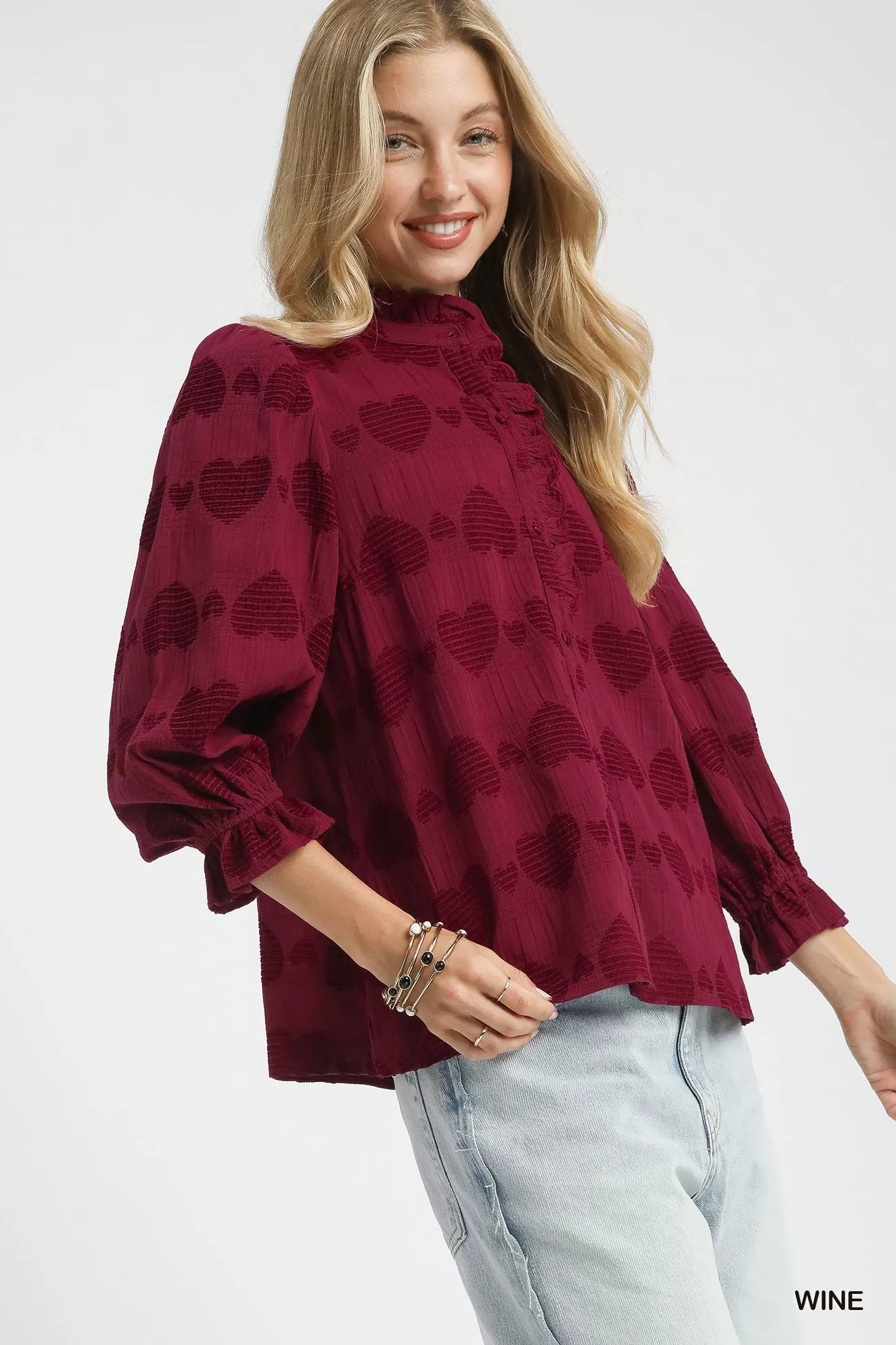 Umgee Heart Jacquard Ruffle Trim Shirt | Shirts Daverri Fashions