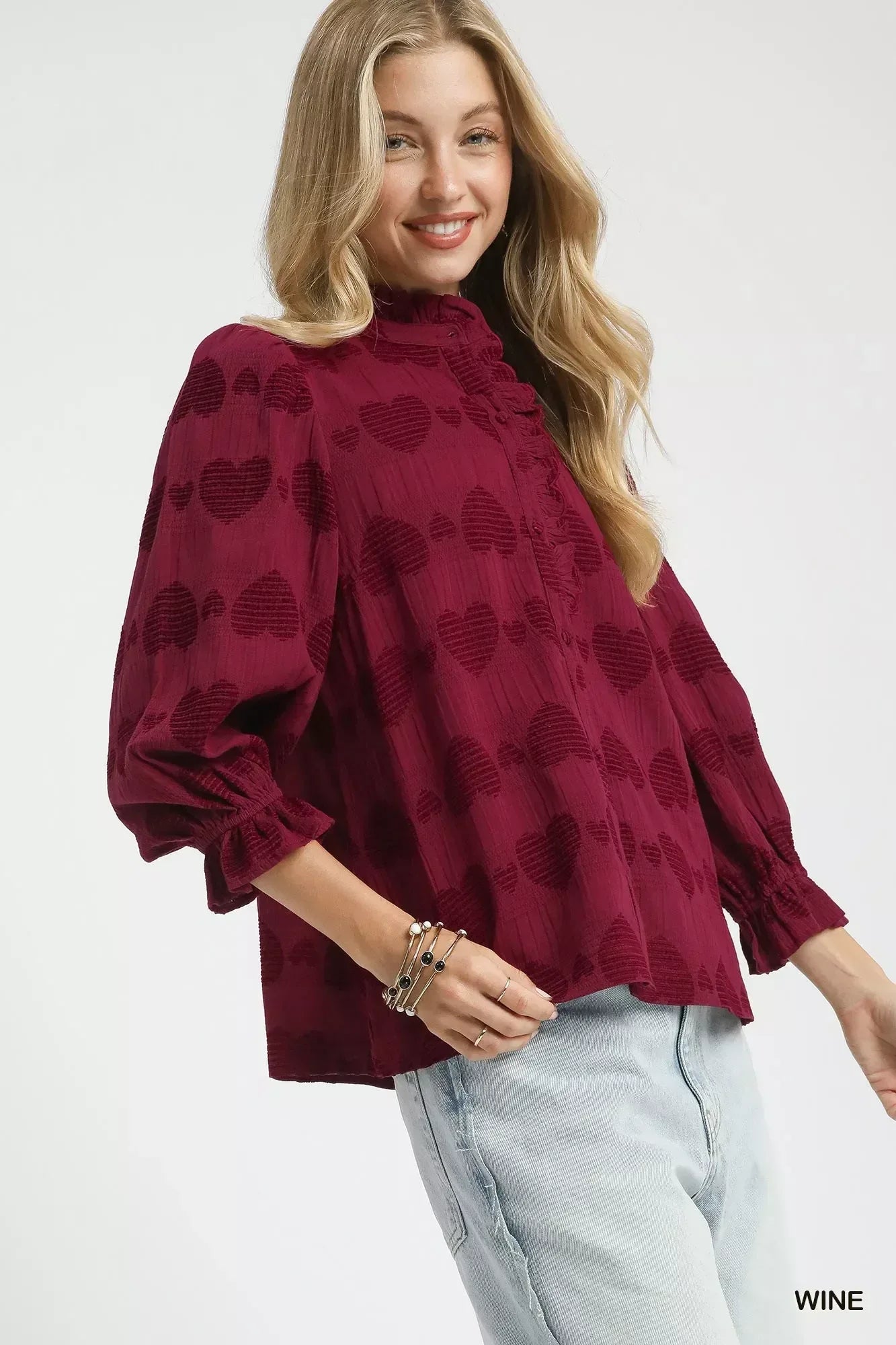 Umgee Heart Jacquard Ruffle Trim Shirt - DAVERRI FASHIONS