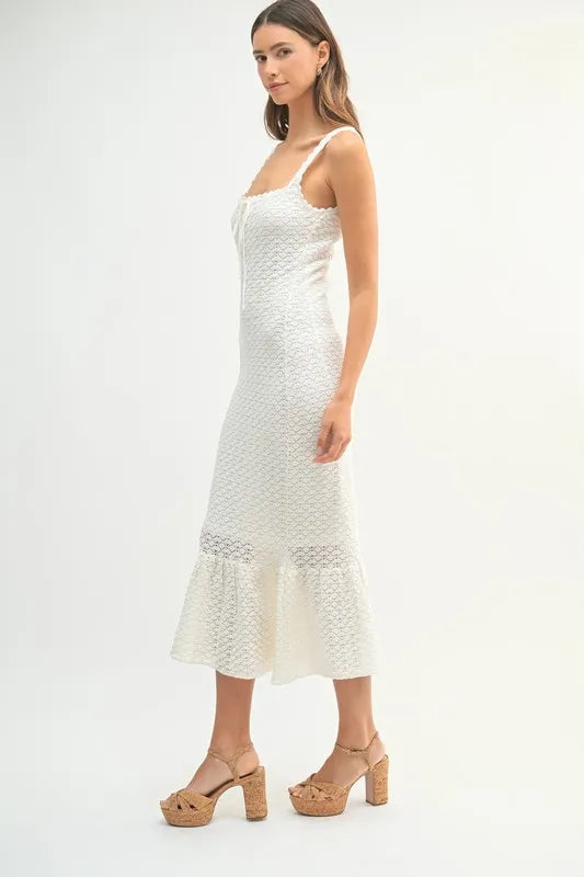 MABLE Ruffled Hem Sleeveless Crochet Knit Midi Dress