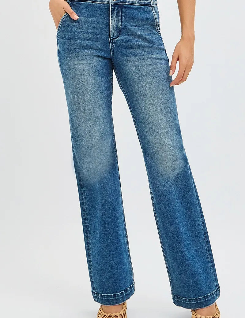 RISEN Full SIze Tummy Control High Rise Bootcut Jeans with Double Button Waistband Plus SIze | Daverri Fashions