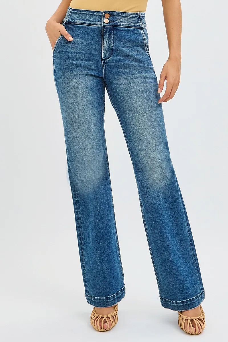 RISEN Full SIze Tummy Control High Rise Bootcut Jeans with Double Button Waistband Plus SIze | Daverri Fashions