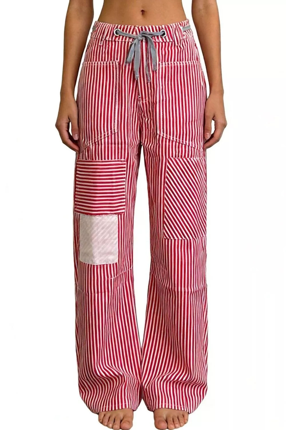 Daverri striped wide-leg pants with red-white stripes and thigh patchwork
