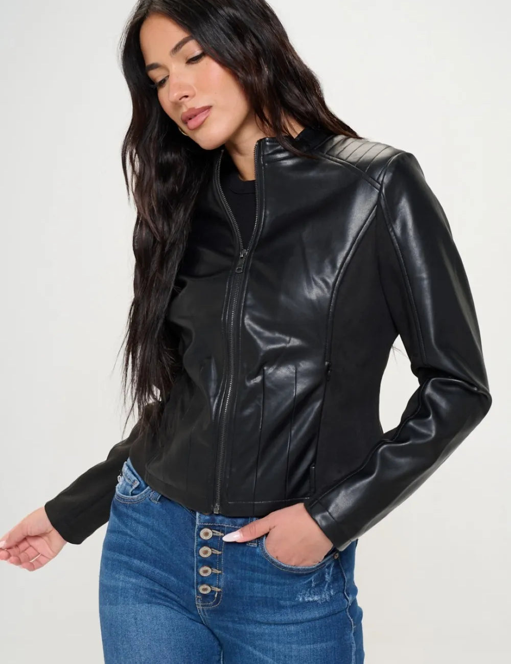 Coalition LA Zip Up Vegan Leather Moto Jacket | Jackets Daverri Fashions