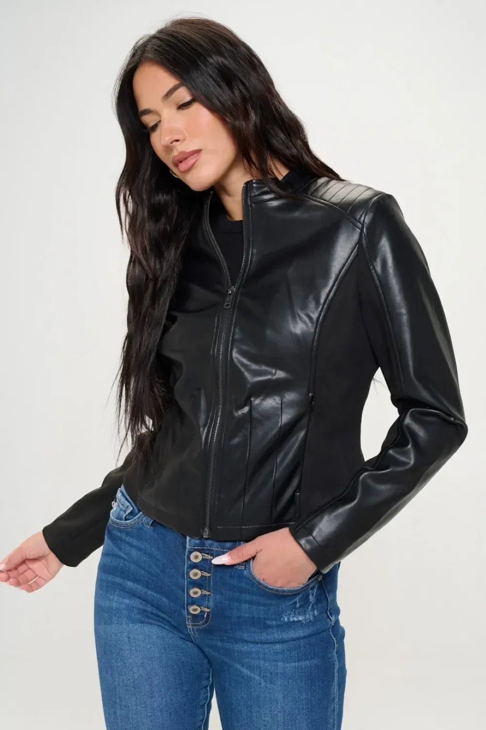 Coalition LA Zip Up Vegan Leather Moto Jacket - DAVERRI FASHIONS
