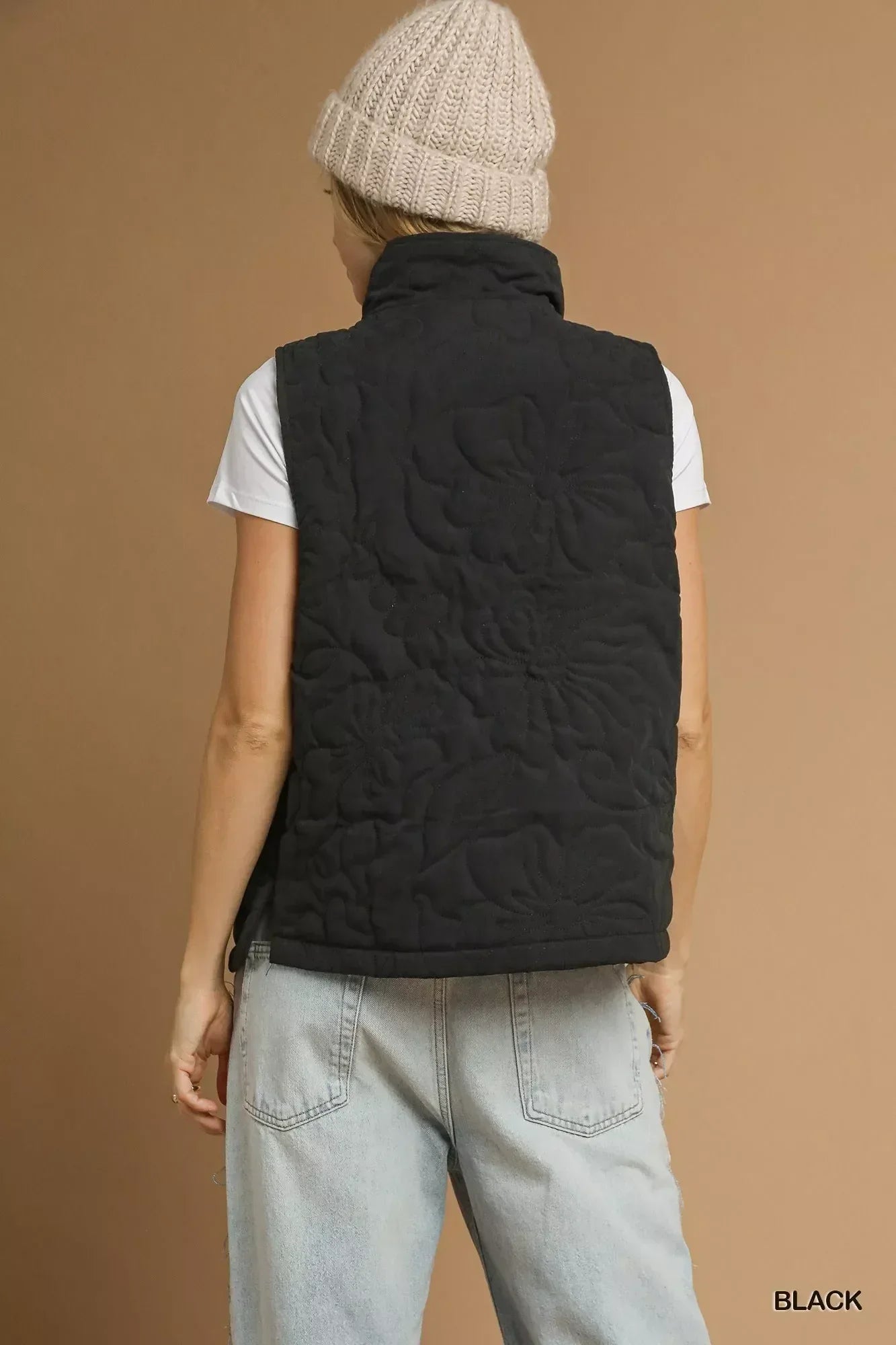 Umgee Quilted Floral Zip Up Vest with Pockets - DAVERRI FASHIONS