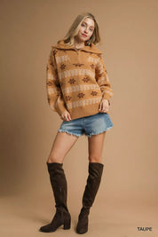 Umgee Floral Patterned Jacquard Quarter-Zip Pullover Sweater | Sweaters Daverri Fashions