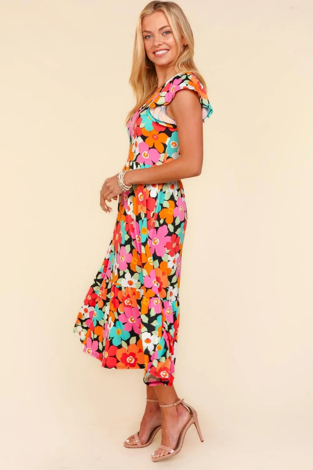 Haptics floral midi dress with vibrant blossoms and ruffles