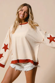 OATMEAL BiBi French Terry Top With Patch Detail Sweatshirt | Sweatshirts Daverri Fashions