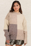 VERY J Color Block Mock Neck Drop Shoulder Sweater Cream - DAVERRI FASHIONS