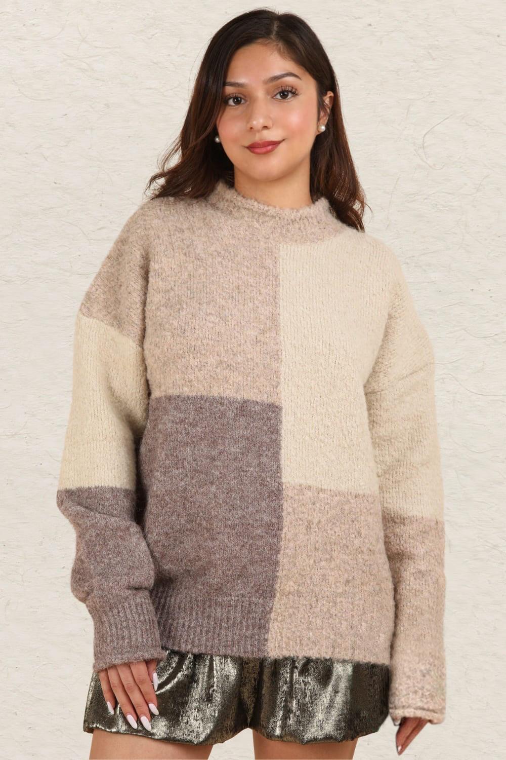 VERY J Color Block Mock Neck Drop Shoulder Sweater Cream Sweaters