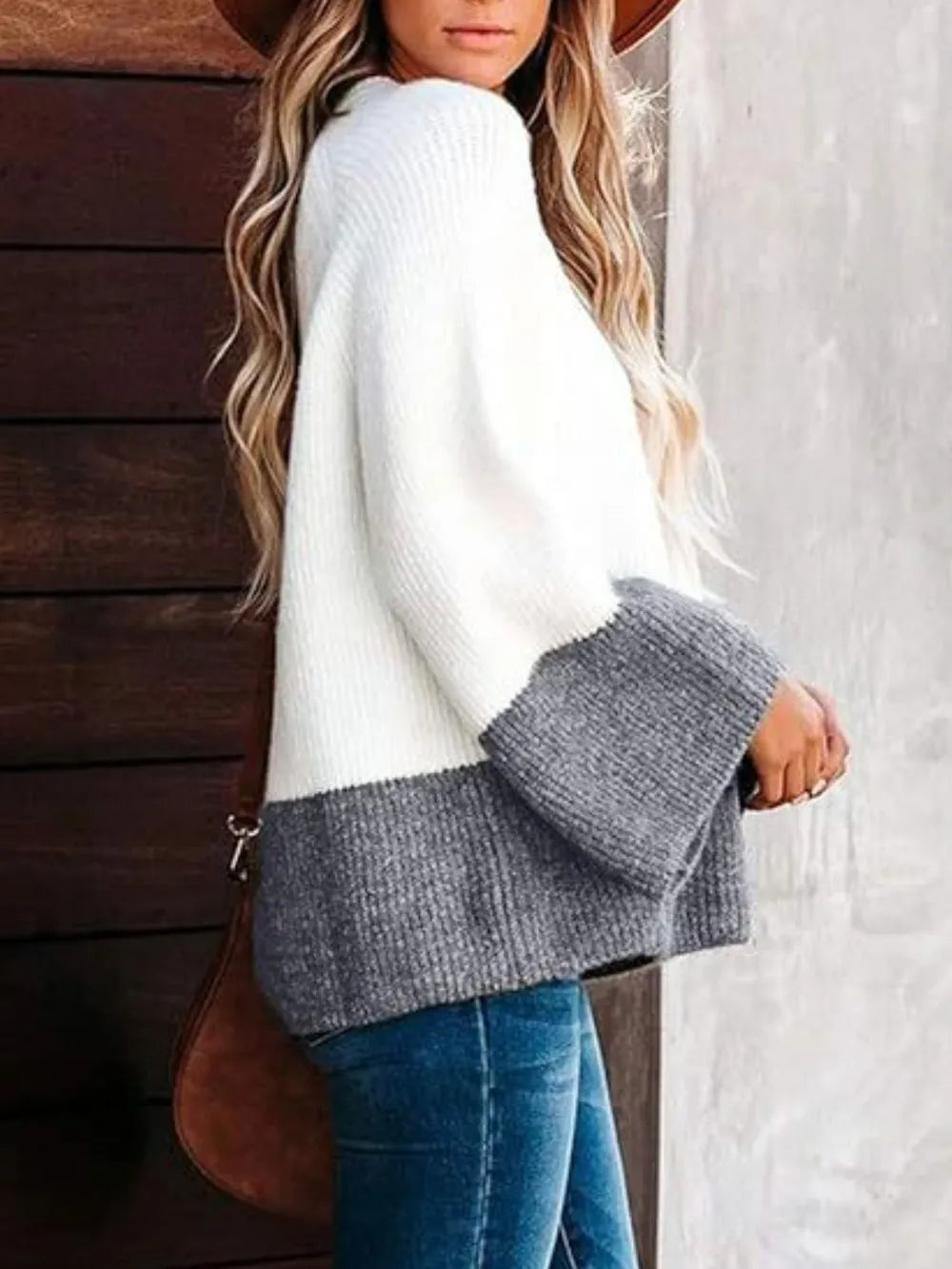 Contrast Round Neck Long Sleeve Sweater | Sweaters Daverri Fashions