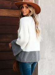 Contrast Round Neck Long Sleeve Sweater - DAVERRI FASHIONS