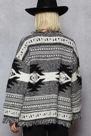 POL Open Front Geometric Print Cardigan with Fringe Detail | Cardigans Daverri Fashions