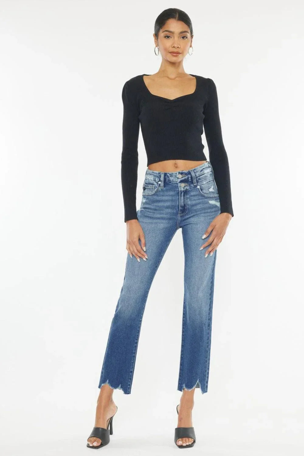Kancan High Rise Wide Waistband Slim Straight Jeans - DAVERRI FASHIONS