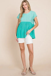 MINT Lime 'N' Chili Full Size Embroidered Short Sleeve Pleated Babydoll Top Plus Size | Tops Daverri Fashions