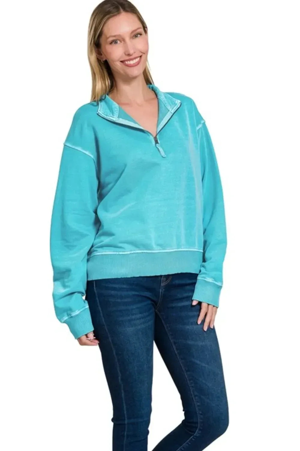 Zenana F/terry Pigment Dye & Enzyme Washing Half Zip Top Ice Blue - DAVERRI FASHIONS
