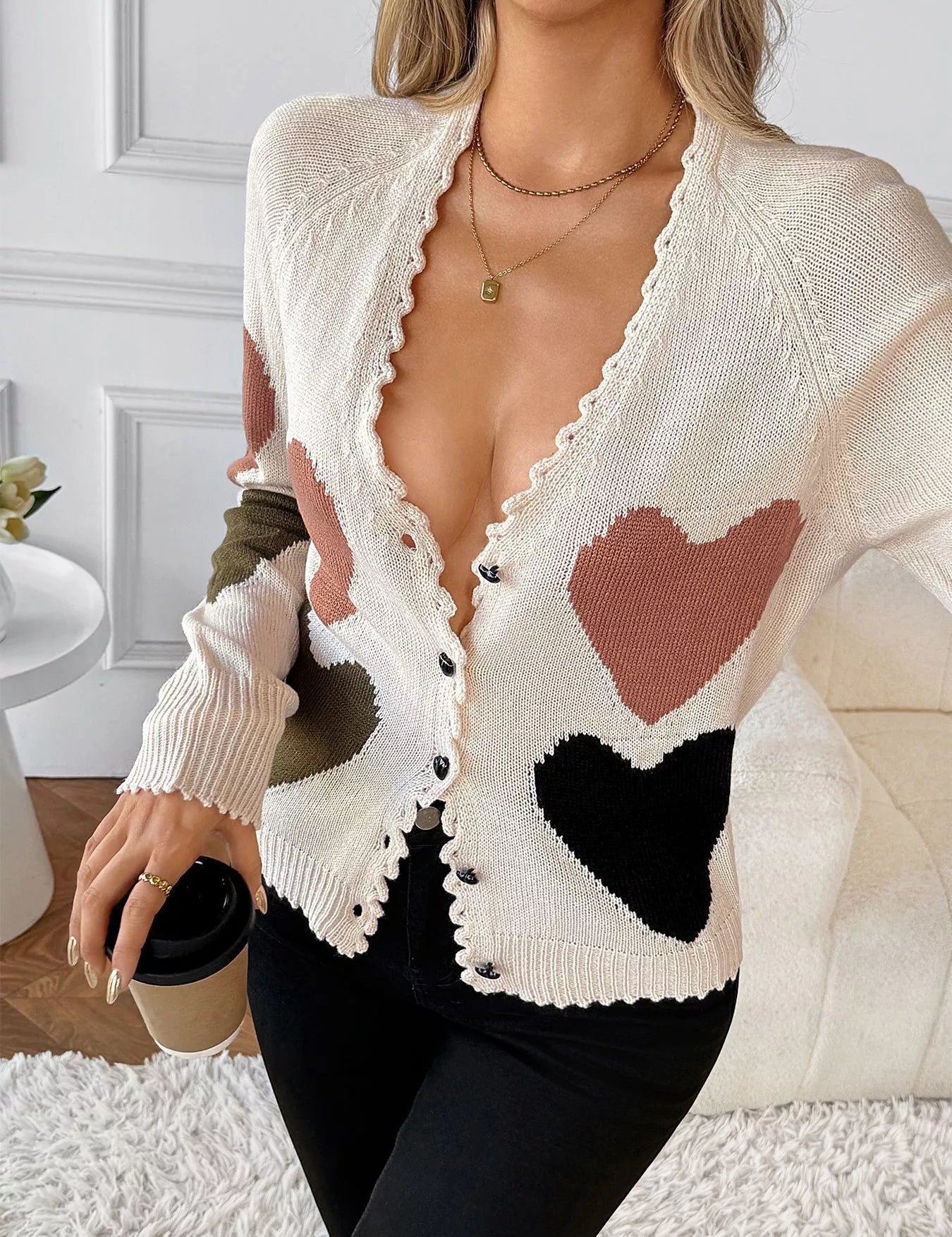 Heart Pattern Button-Up Cardigan | Cardigans Daverri Fashions