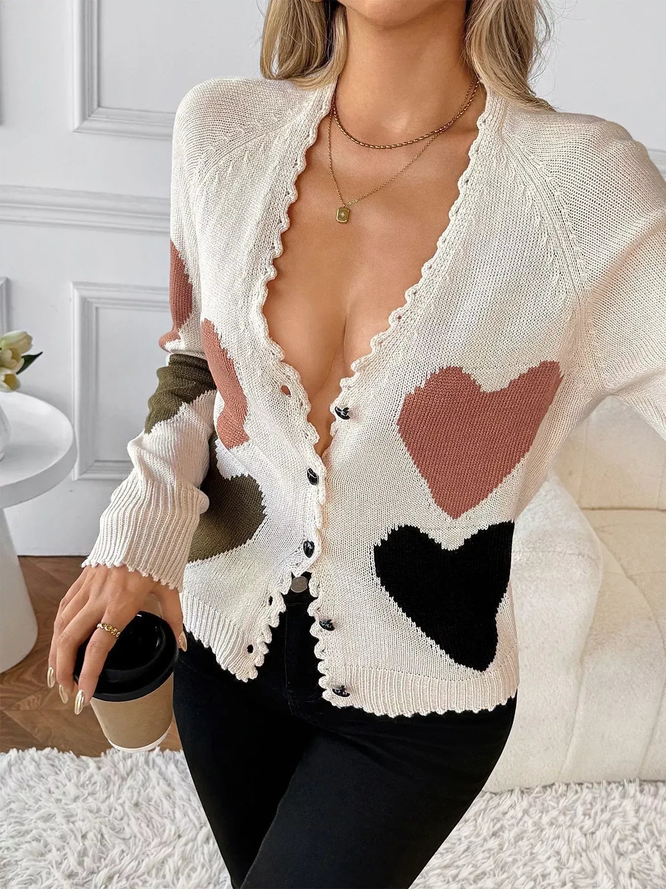 Heart Pattern Button-Up Cardigan - DAVERRI FASHIONS