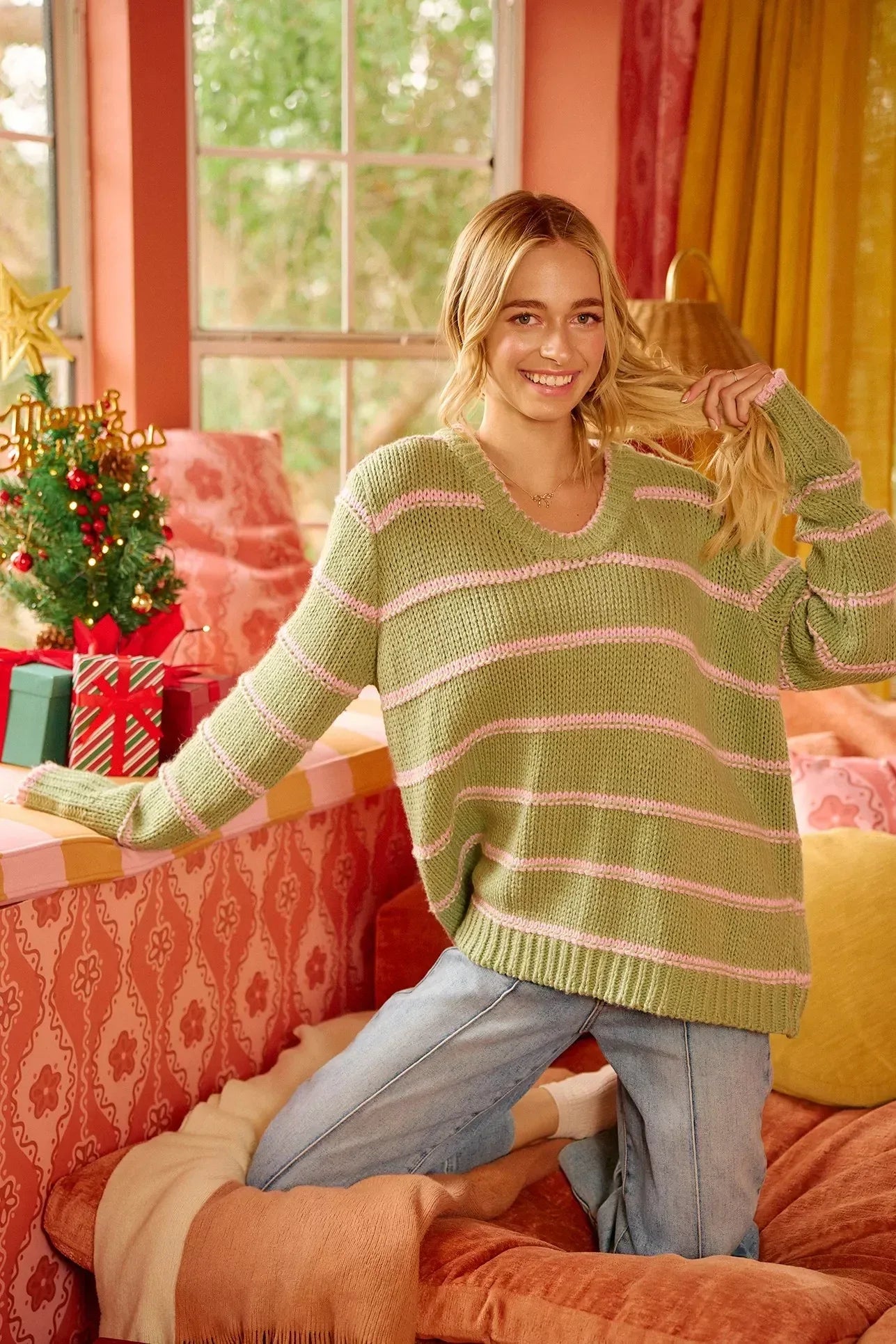 BiBi Striped Long Sleeve Sweater - DAVERRI FASHIONS