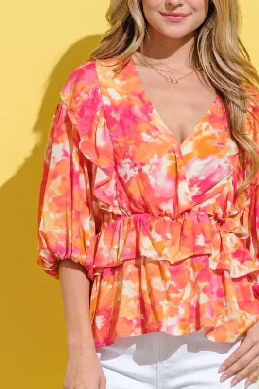And The Why Ruffled Printed Puff Sleeve Blouse - DAVERRI FASHIONS
