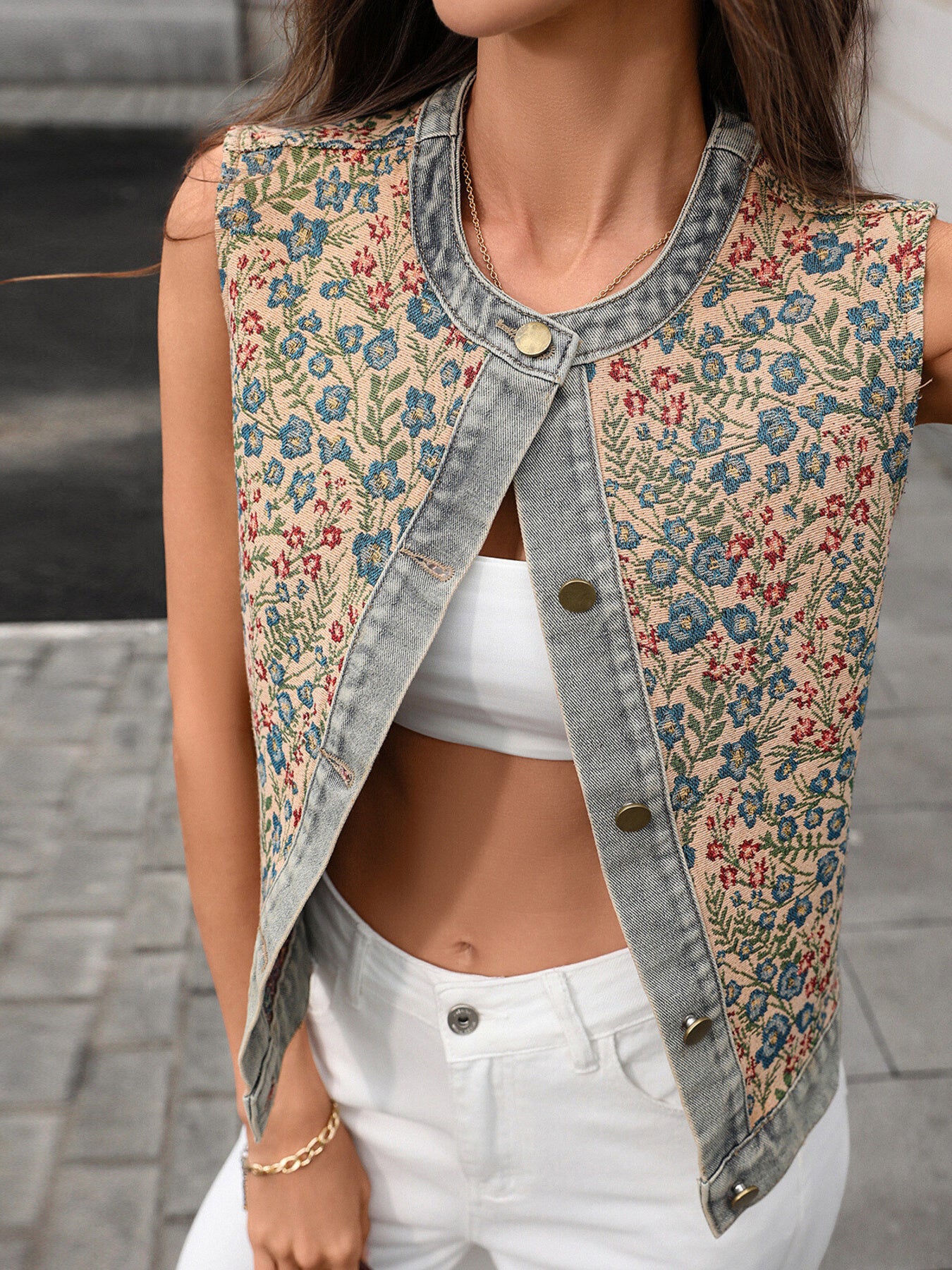 Daverri floral embroidered sleeveless denim vest in blue red green