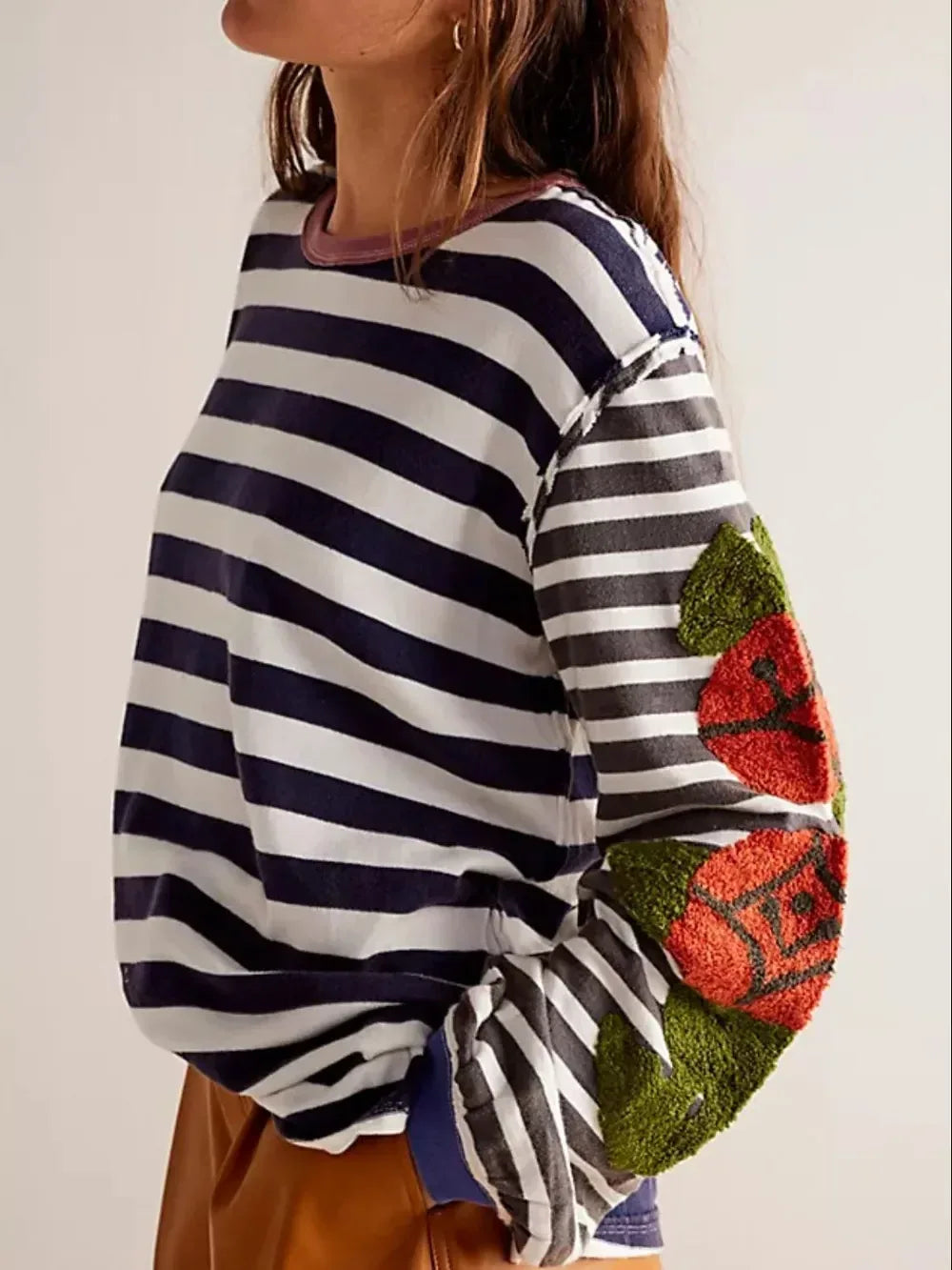 Striped Round Neck Long Sleeve Sweatshirt - DAVERRI FASHIONS