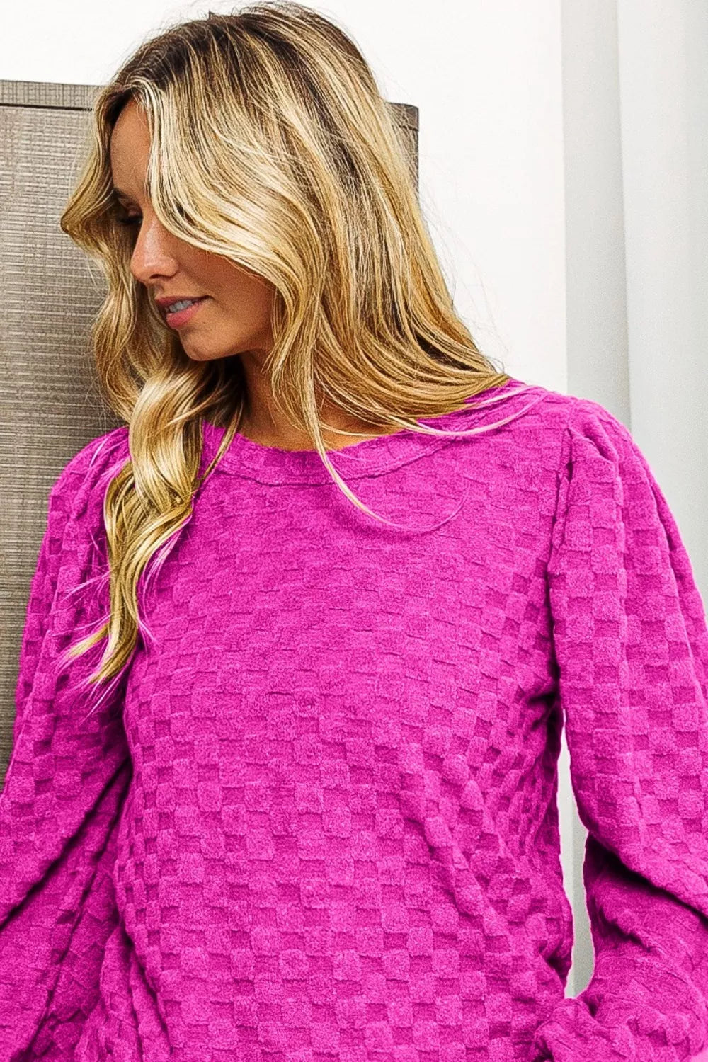 Vibrant fuchsia BiBi Round Neck Brushed Checker Top sweater size S