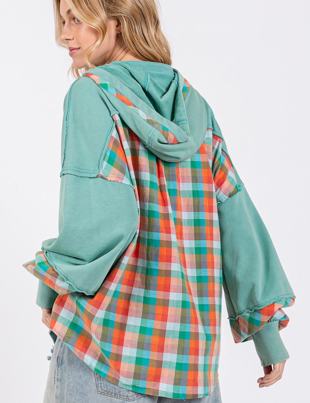 SAGE + FIG Full Size Plaid Print Washed Hoodie