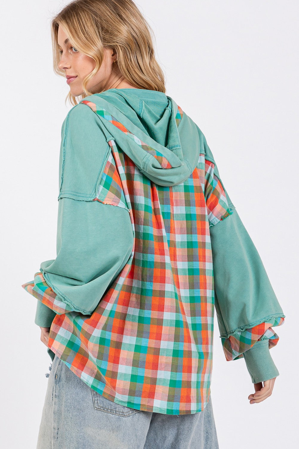 SAGE + FIG Full Size Plaid Print Washed Hoodie Hoodies