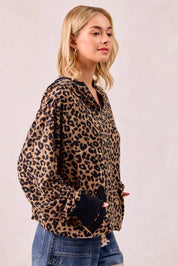 BiBi Leopard Print Waffle Half Zip Up Hoodie W Pocket | Hoodies Daverri Fashions