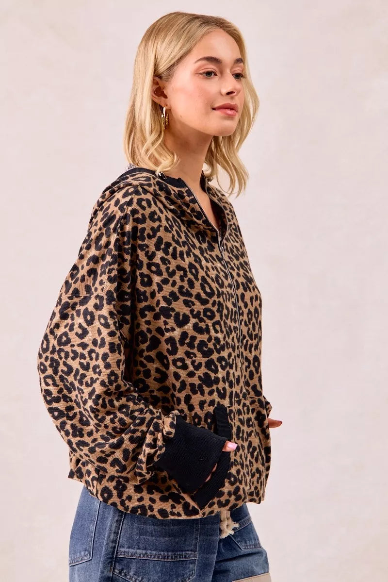 BiBi Leopard Print Waffle Half Zip Up Hoodie W Pocket | Daverri Fashions